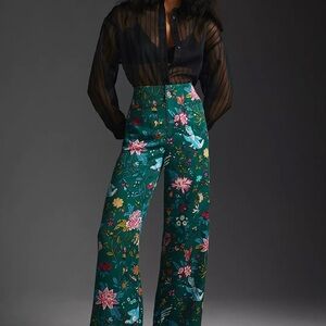Maeve/ AnthropologieGreen Wide-Leg Pants with Botanical Elegance